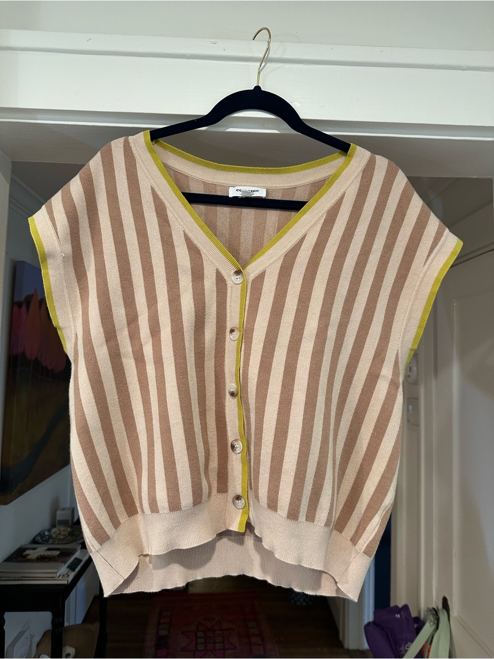 eesome Beige and Brown Striped V-Neck Button Cardigan Vest with Lime Trim